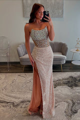 Champagne Prom Dress Strapless Sheath Beaded Long Formal Dress With Slit