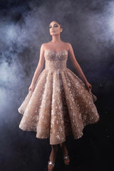 Champagne Prom Dress Sweetheart A Line Sequined Sleeveless Knee Length Tulle Formal Dress With Appliques