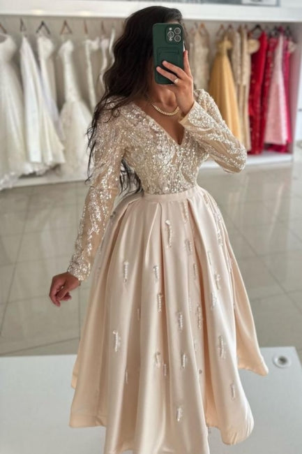 Champagne Prom Dress V Neck Ankle Length Sleeves Draped Satin Formal Dress With Sequins
