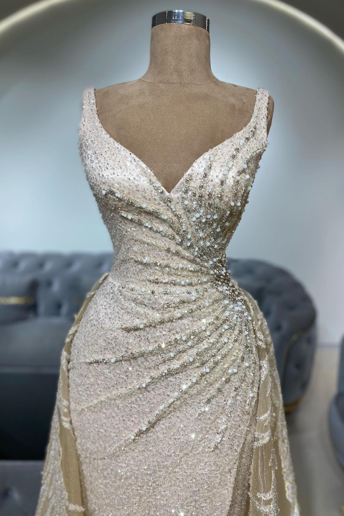 Champagne Prom Dress V Neck Sleeveless Sequined Beaded Detachable Train Tulle Formal Dress With Appliques