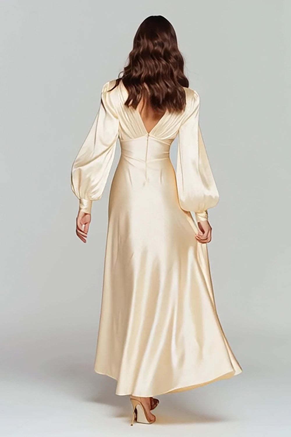 Champagne Satin V-Neck Backless Long Evening Dress With Sleeves