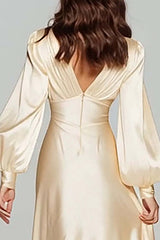 Champagne Satin V-Neck Backless Long Evening Dress With Sleeves