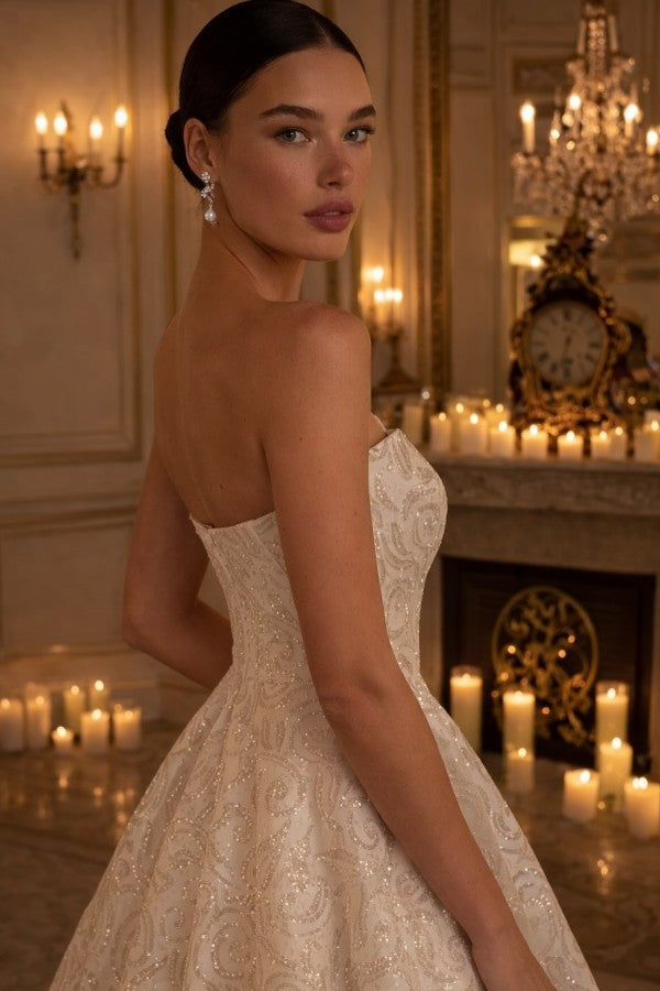 Champagne Sequin A Line Wedding Dress with High Low Hem