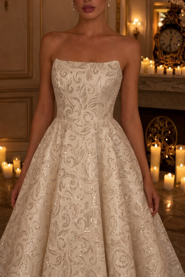 Champagne Sequin A Line Wedding Dress with High Low Hem