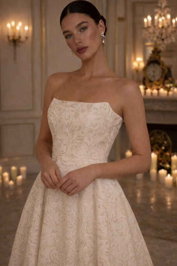 Champagne Sequin A Line Wedding Dress with High Low Hem