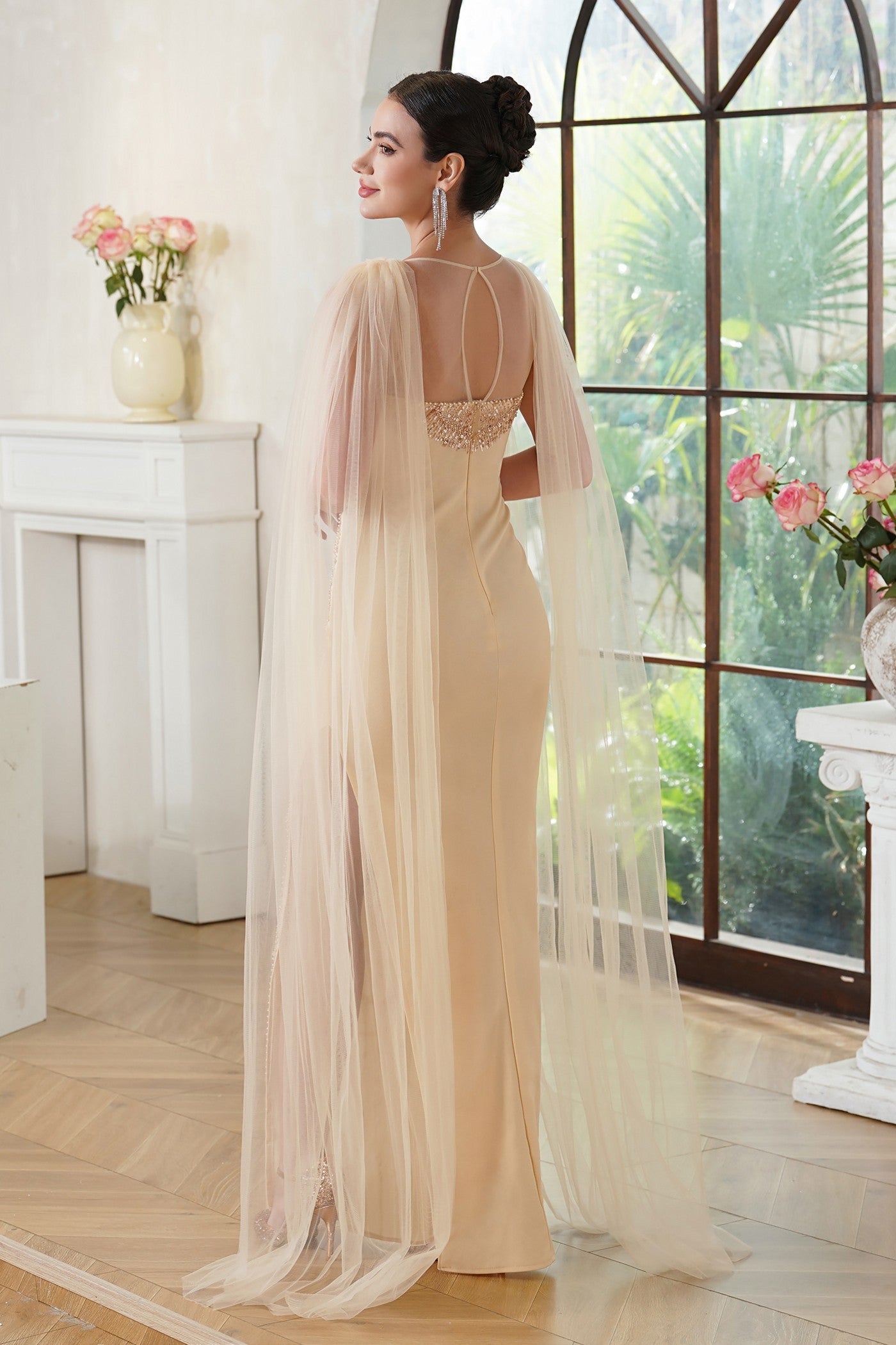 Champagne Sequin Mermaid Scoop Neck Evening Dress