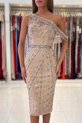 Champagne Sheath/Column Prom Dress Asymmetric Neck Tea Length Evening Dress