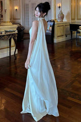 Champagne Sheath/Column Prom Dress Sleeveless Halter Neck Satin Evening Dress