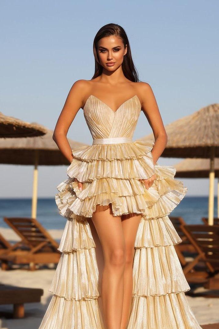 Champagne Tiered Prom Dress Sleeveless Sweetheart High Low Evening Dress