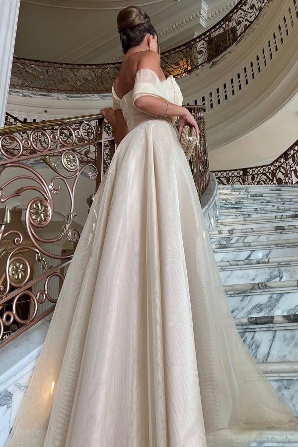 Champagne Tulle A Line Prom Dress with Fan Pleated Bodice and Bow Sleeve
