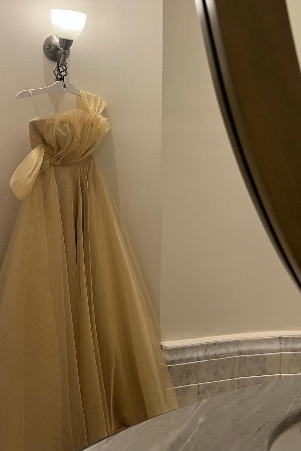 Champagne Tulle A Line Prom Dress with Fan Pleated Bodice and Bow Sleeve
