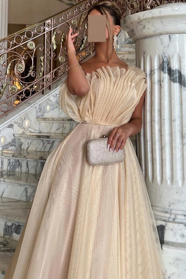 Champagne Tulle A Line Prom Dress with Fan Pleated Bodice and Bow Sleeve