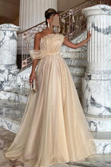 Champagne Tulle A Line Prom Dress with Fan Pleated Bodice and Bow Sleeve