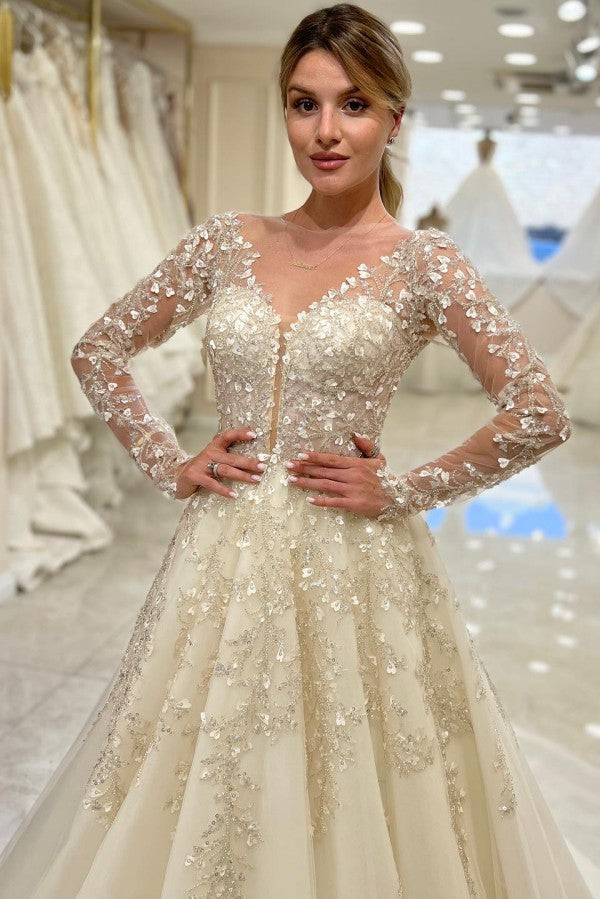 Champagne Tulle A Line Wedding Dress with Long Sleeves and Sequin Appliques