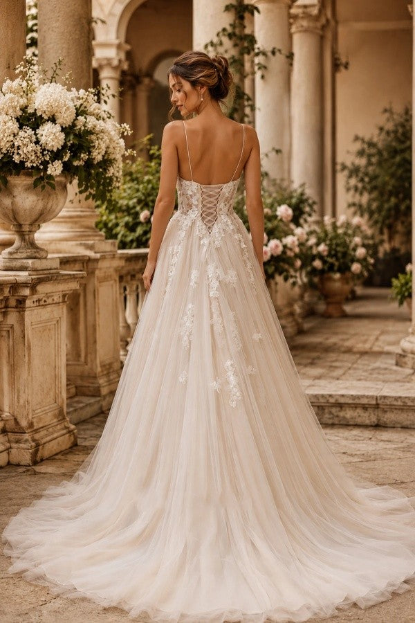 Champagne Tulle A Line Wedding Dress with Spaghetti Straps and Lace-Up Back