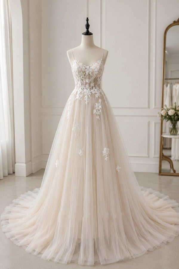 Champagne Tulle A Line Wedding Dress with Spaghetti Straps and Lace-Up Back