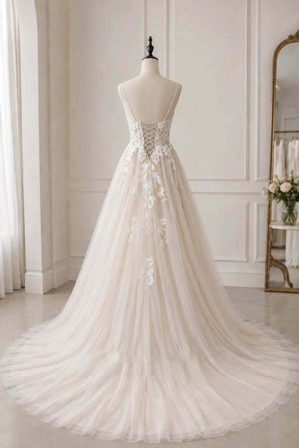 Champagne Tulle A Line Wedding Dress with Spaghetti Straps and Lace-Up Back