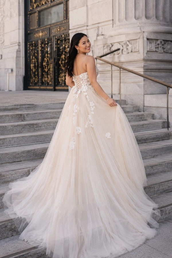 Champagne Tulle A Line Wedding Dress with Spaghetti Straps and Lace-Up Back