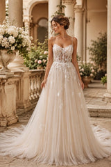 Champagne Tulle A Line Wedding Dress with Spaghetti Straps and Lace-Up Back