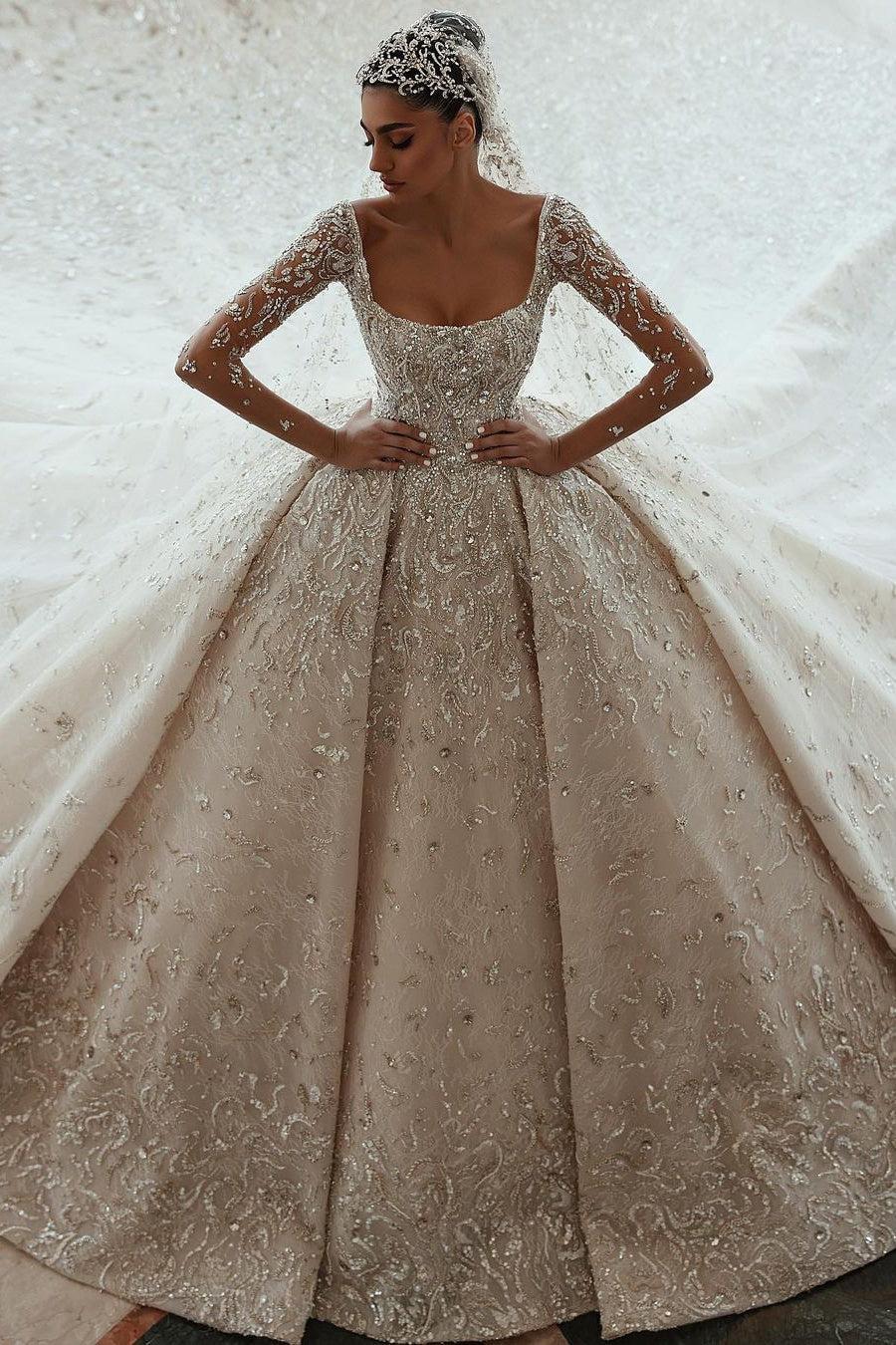 Dreamyannie Women Champagne Wedding Dress Ball Gown Square Neck Long Sleeves Bridal Dress Dreamyannie UK Dreamyannie Women Champagne Wedding Dress Ball Gown Square Neck Long Sleeves Bridal Dress Dreamyannie UK