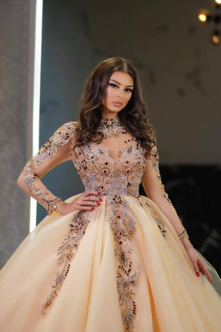 Champagne Wedding Dress Long Sleeves High Neck Beaded Ball Gown Tulle Bridal Gown With Rhinestone