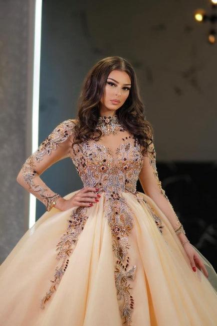Champagne Wedding Dress Sleeves High Neck Beaded Ball Gown Tulle Bridal Gown With Rhinestone