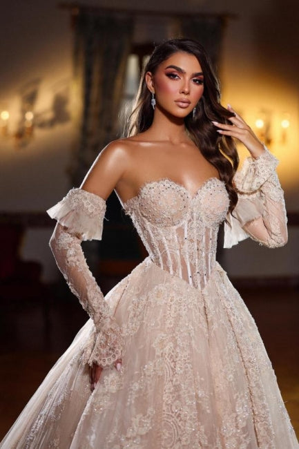 Champagne Wedding Dress Sweetheart Sleeveless Beaded Lace Princess Ball Gown Bridal Gown