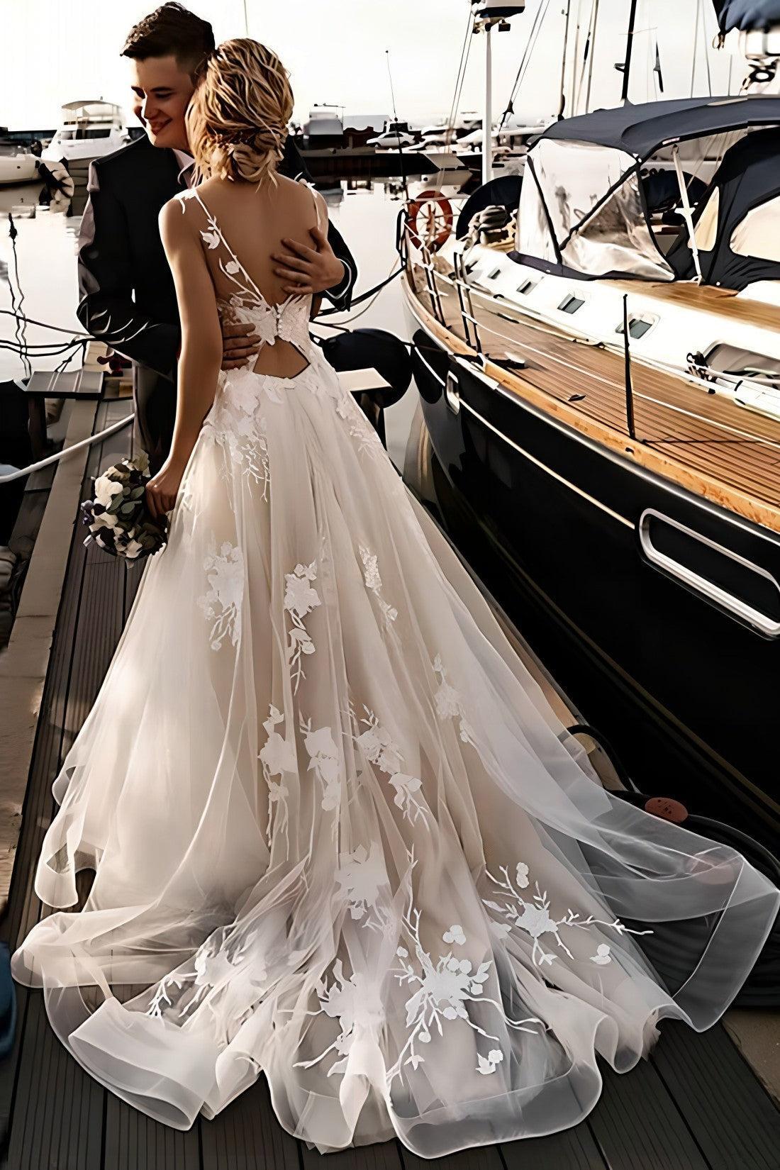 a line champagne wedding dress Champagne Wedding Dress with Sleeves