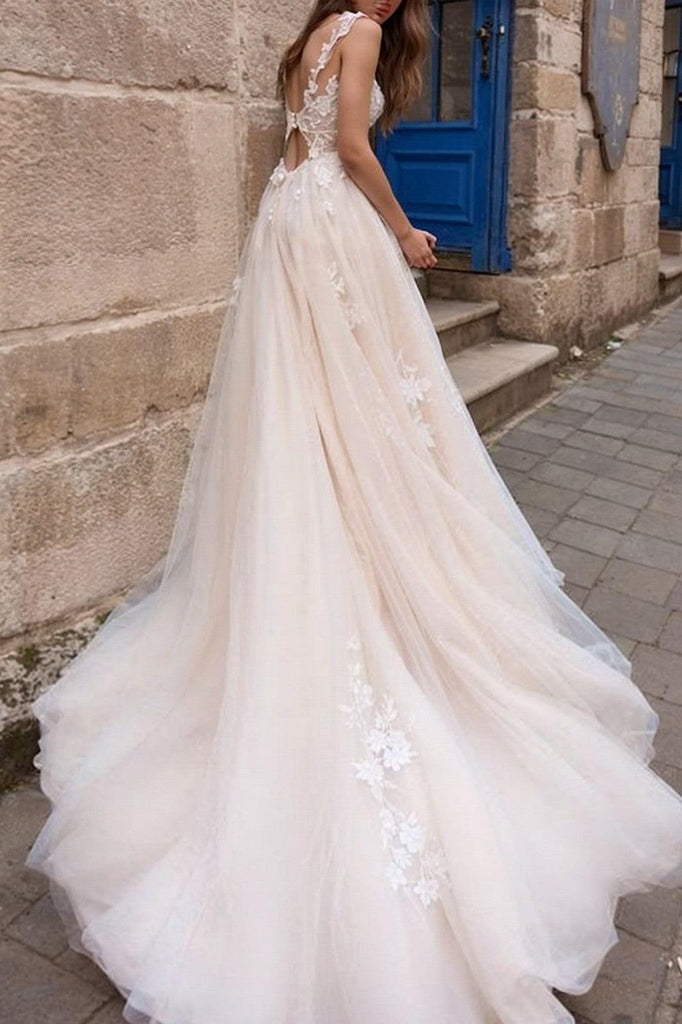 champagne wedding dress uk A-Line Lace Sweep Train Wedding Dress Champagne