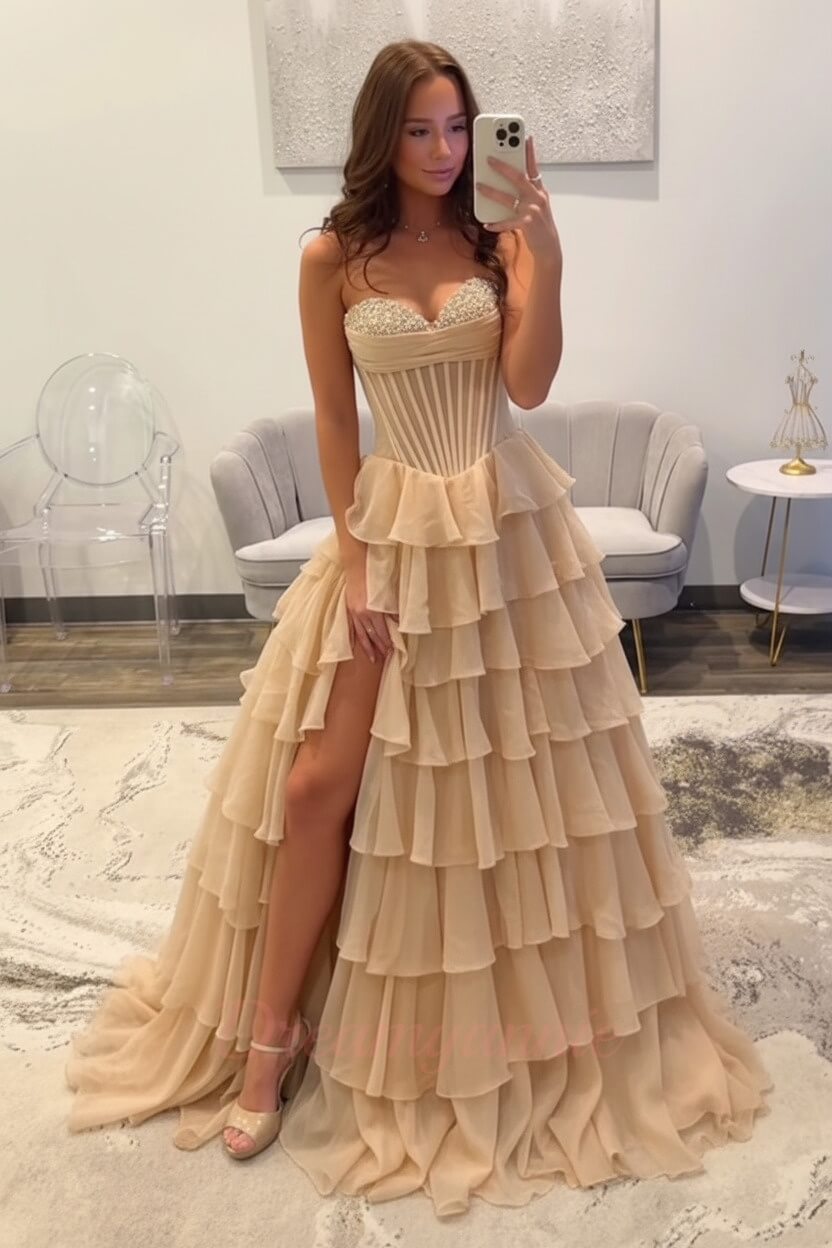 Dreamyannie Ruffled Black Prom Dress A Line Corset Long Formal Dress With Beadings
