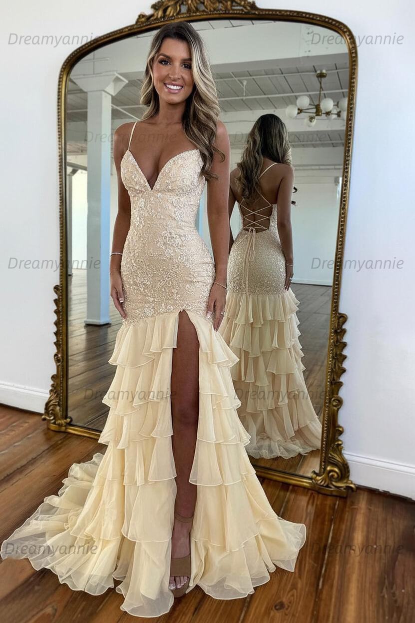 Charming Mermaid Spaghetti Straps Lace Up Long Prom Dress With Ruffle Skirt Formal Evening Gown