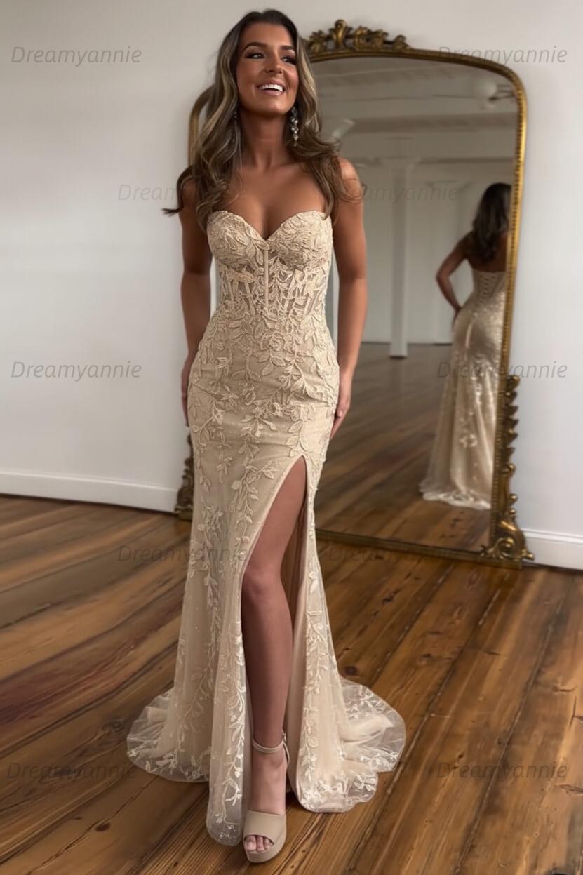 Light Blue Prom Dress Mermaid Sweetheart Corset Long Laced Evening Dress with Slit