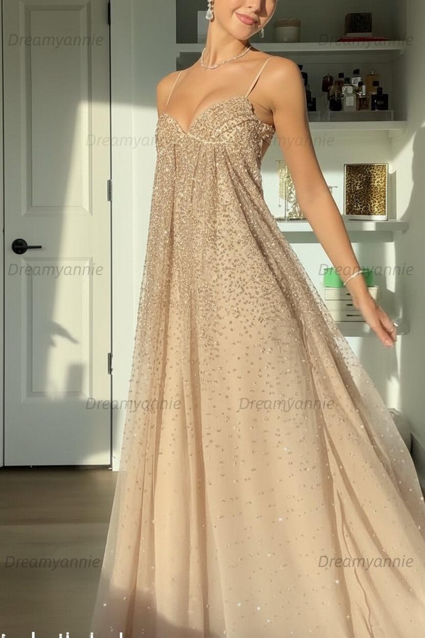 Bling A Line Spaghetti Straps Grey Blue Long Party Dress With Beading Formal Evening Gown