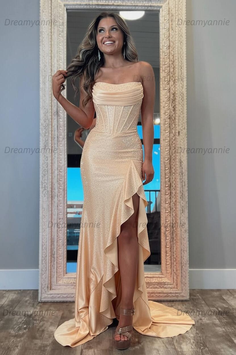 Hot Pink Beaded Prom Dress Strapless Corset Ruffled Evening Dress With Slit
