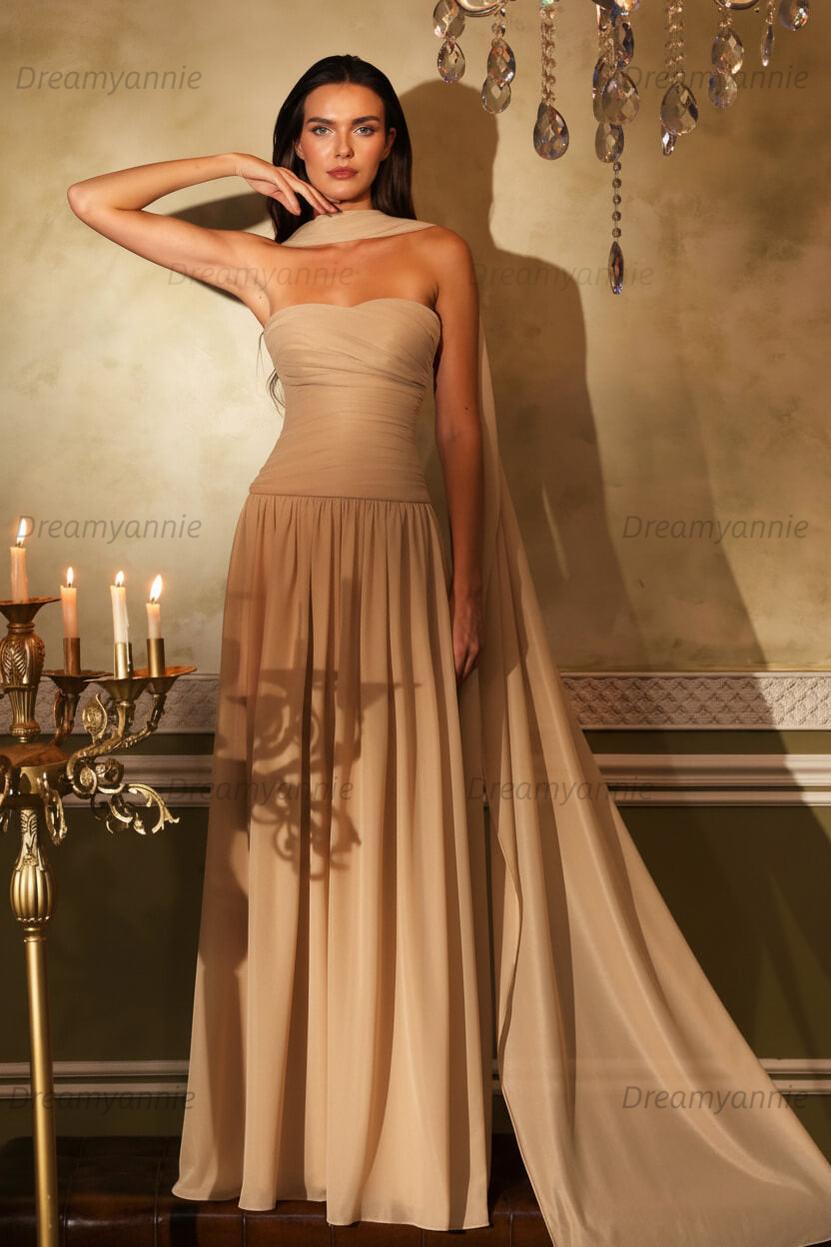 Orange A Line Prom Dress Sleeveless Strapless Evening Dress