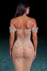 Champagne Evening Dress Off the Shoulder Tulle Corset Prom Dress with Rhinestones