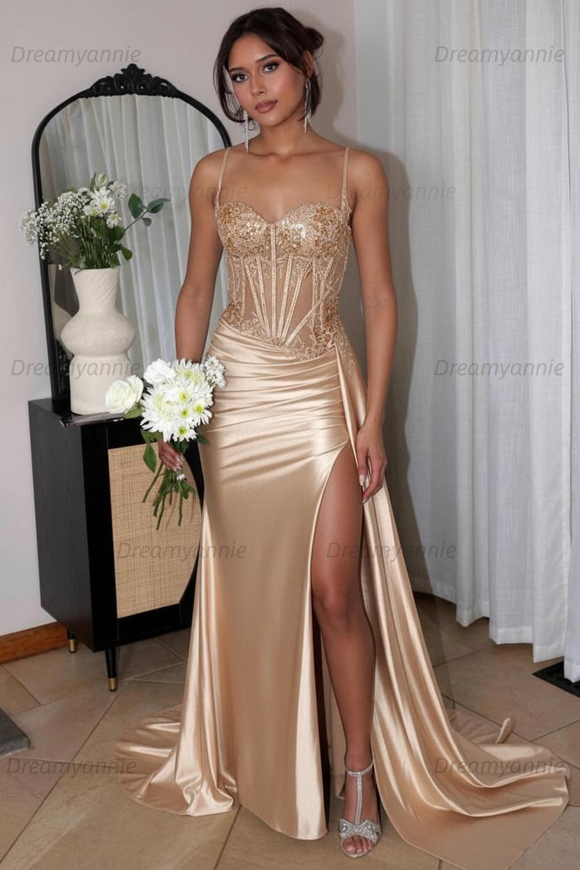 Corset Sequined Prom Dress Satin Appliqued Long Formal Dress With Slit