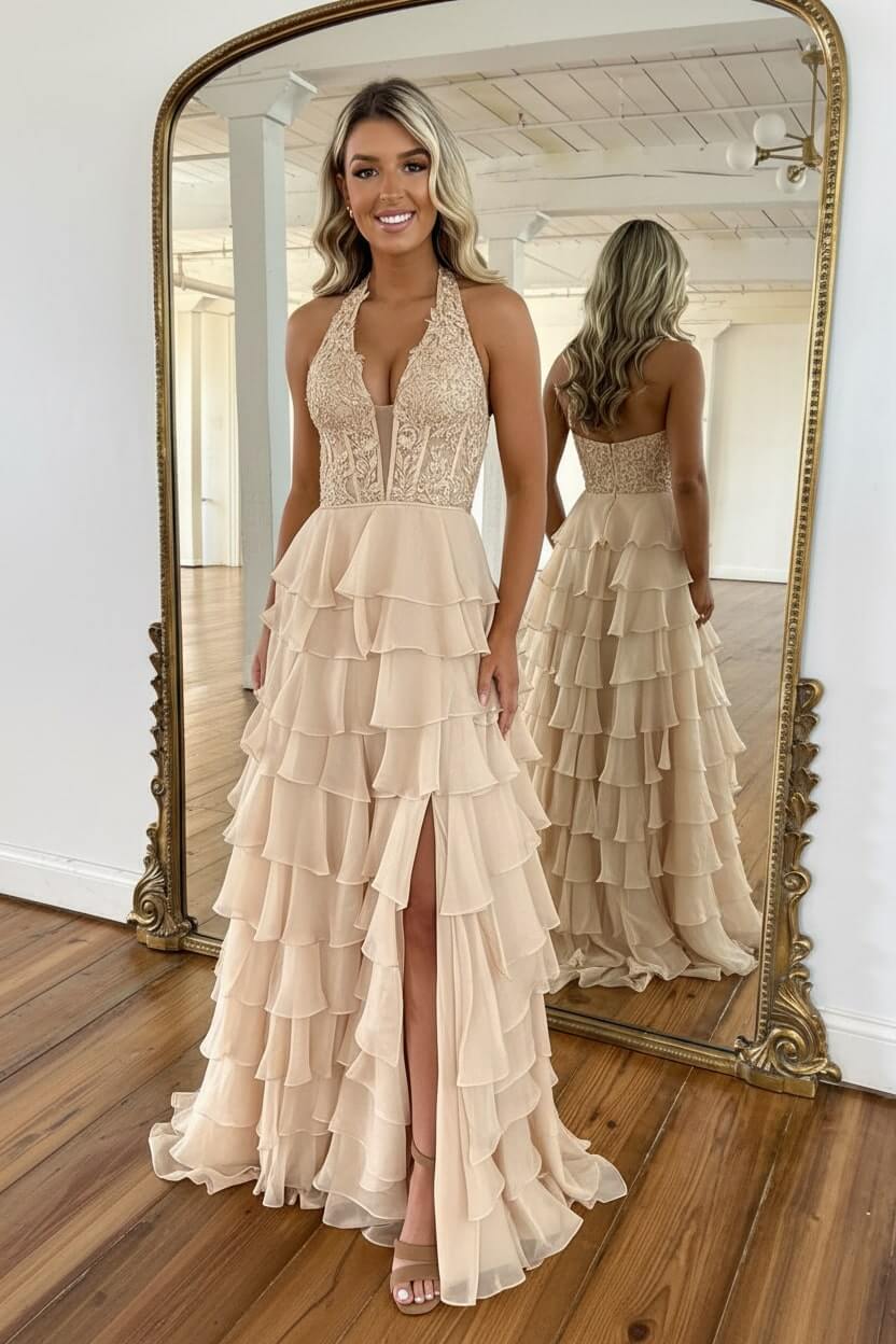 Dreamyannie Sky Blue Prom Dress Ruffled Halter Corset Evening Dress With Slit