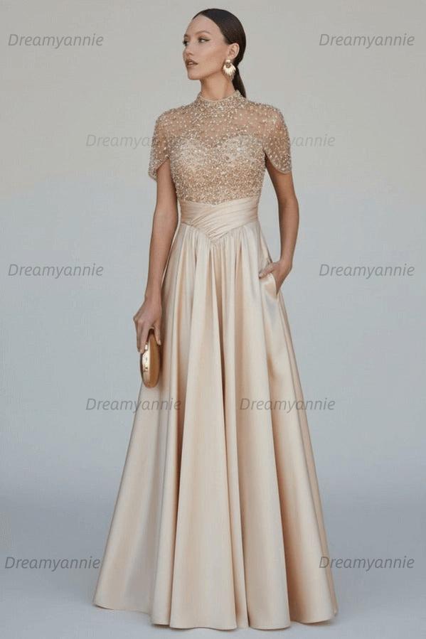 Green A Line Prom Dress Short Sleeve High Neck Beaded Evening Dress