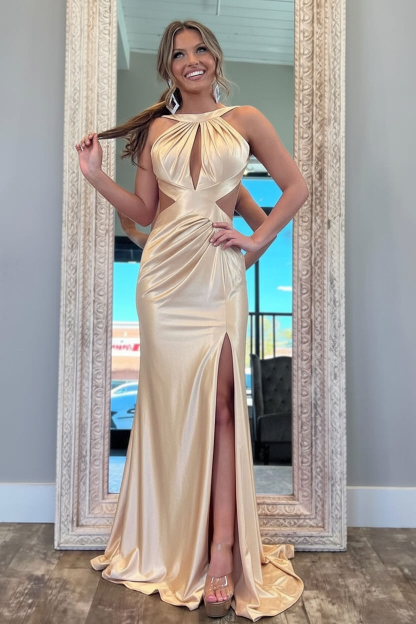 Stylish Fuchsia Metallic Mermaid Prom Dress With Slit And Open Back Formal Evening Gown