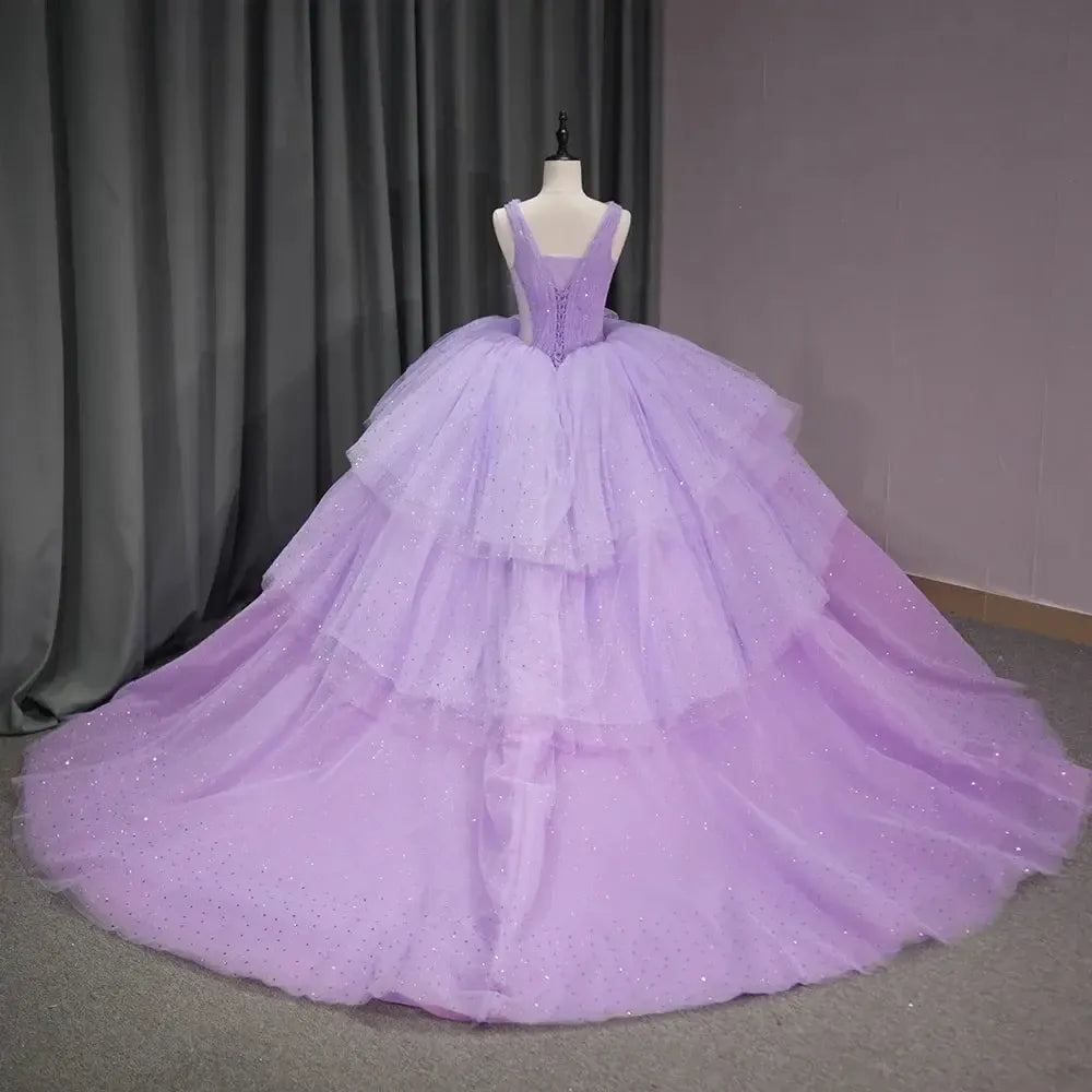 Charming Bling Quinceanera Dress 2024 Purple Corset Sweet 16 Dress V Neck Sleeveless Ball Gown Dress