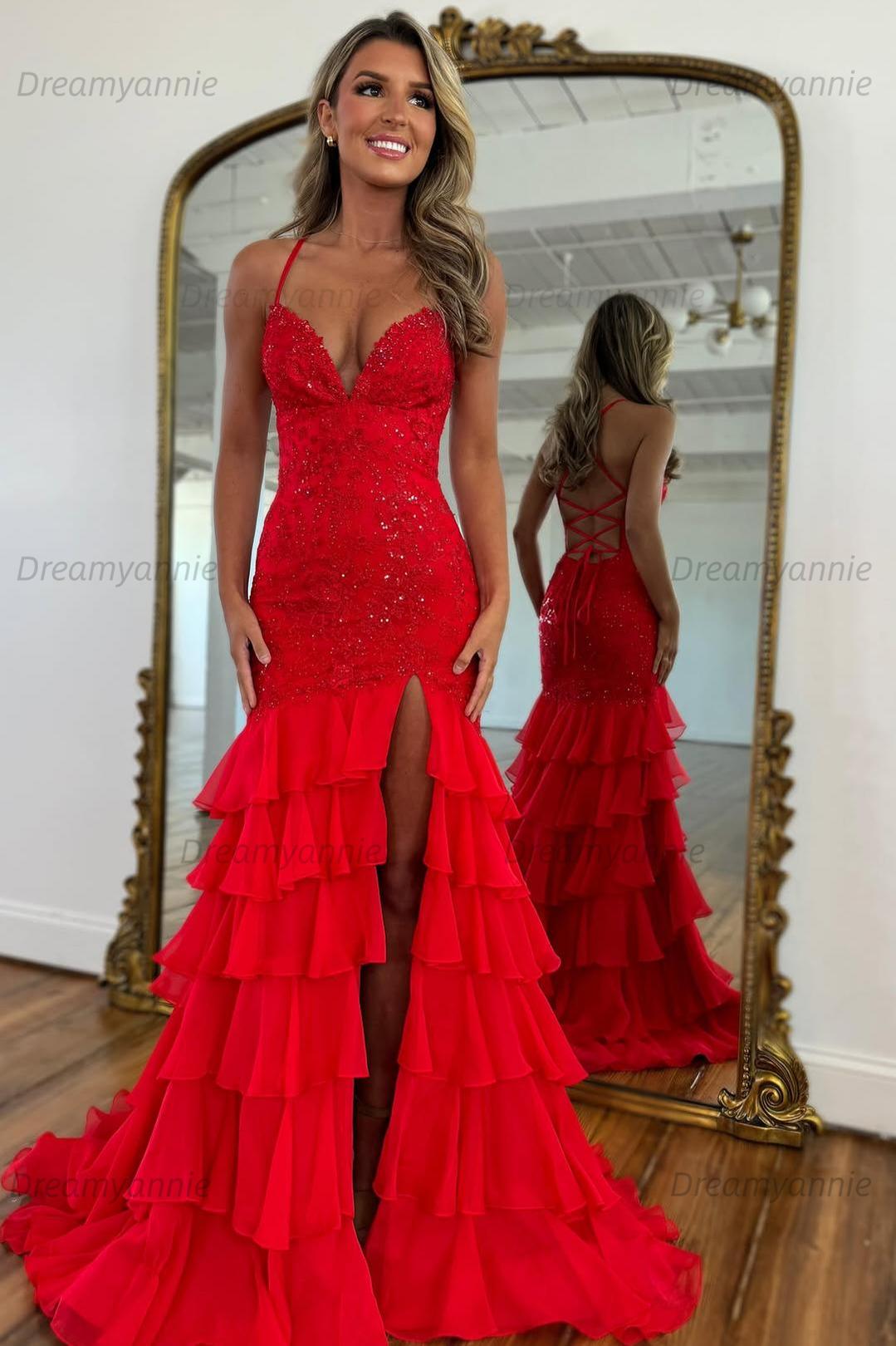 Charming Mermaid Spaghetti Straps Lace Up Long Prom Dress With Ruffle Skirt Formal Evening Gown