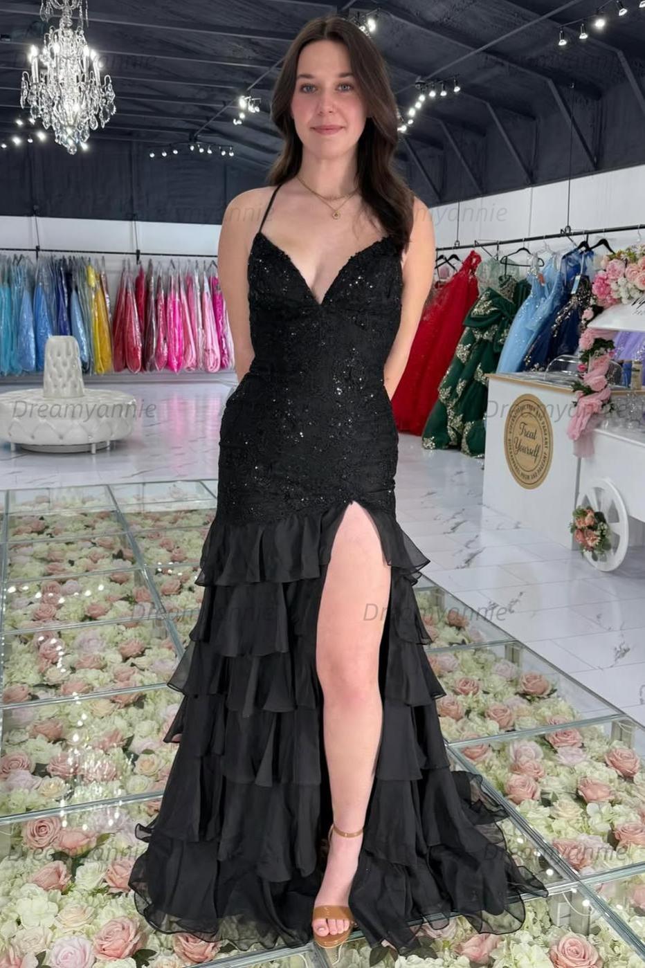Charming Mermaid Spaghetti Straps Lace Up Long Prom Dress With Ruffle Skirt Formal Evening Gown