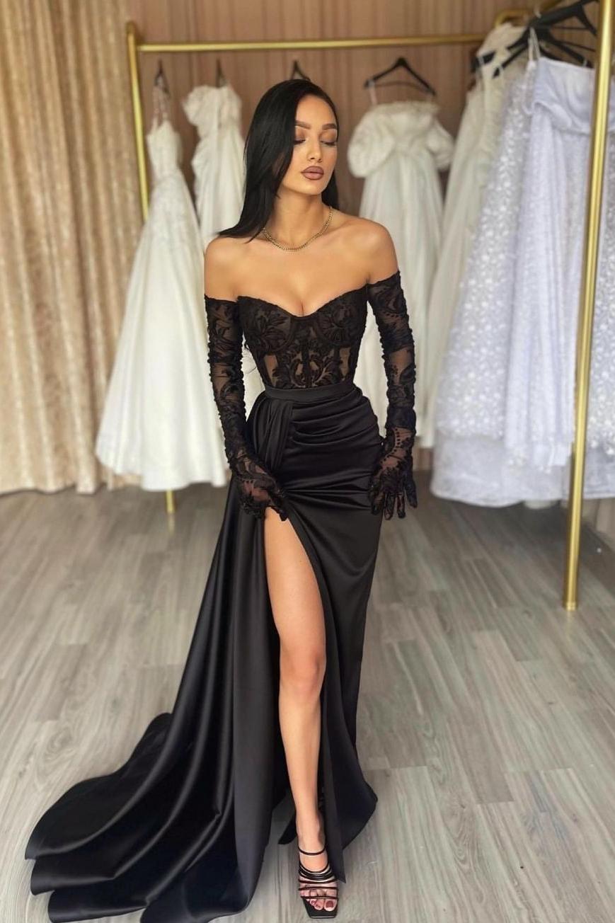 Charming Long Black Off The Shoulder Lace Mermaid Long Sleeves Prom Dress Long Slit