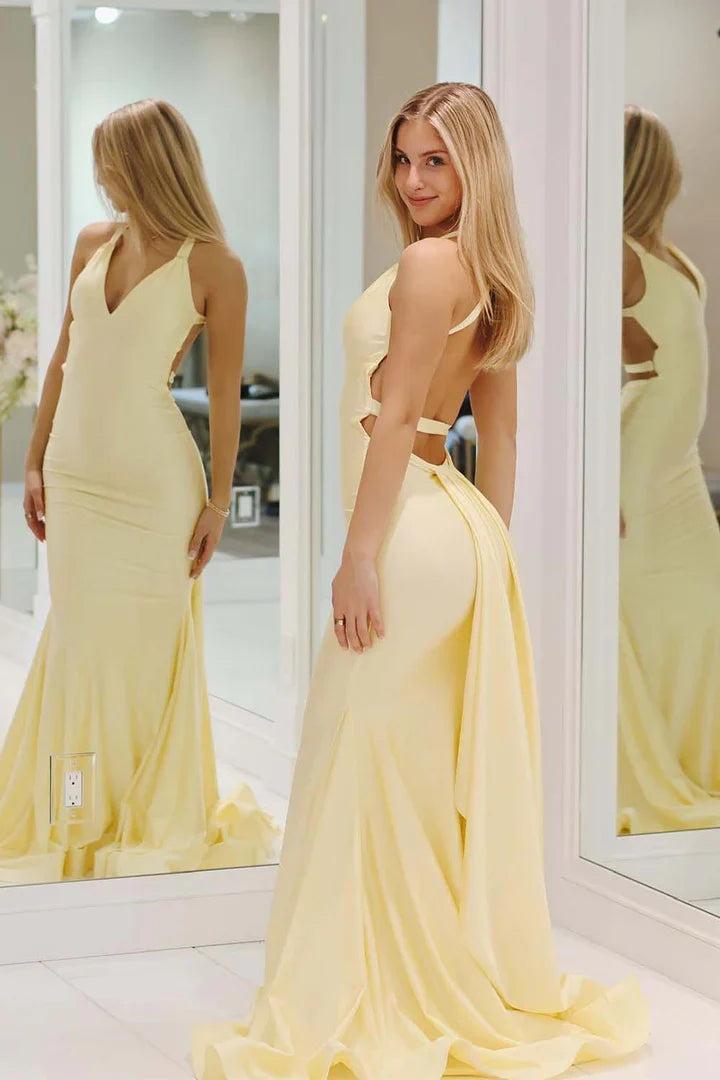 Charming Mermaid Deep V Neck Yellow Long Prom Dress With Backless Formal Evening Gown