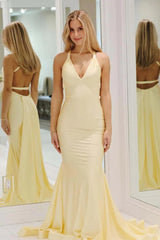 Charming Mermaid Deep V Neck Yellow Long Prom Dress With Backless Formal Evening Gown