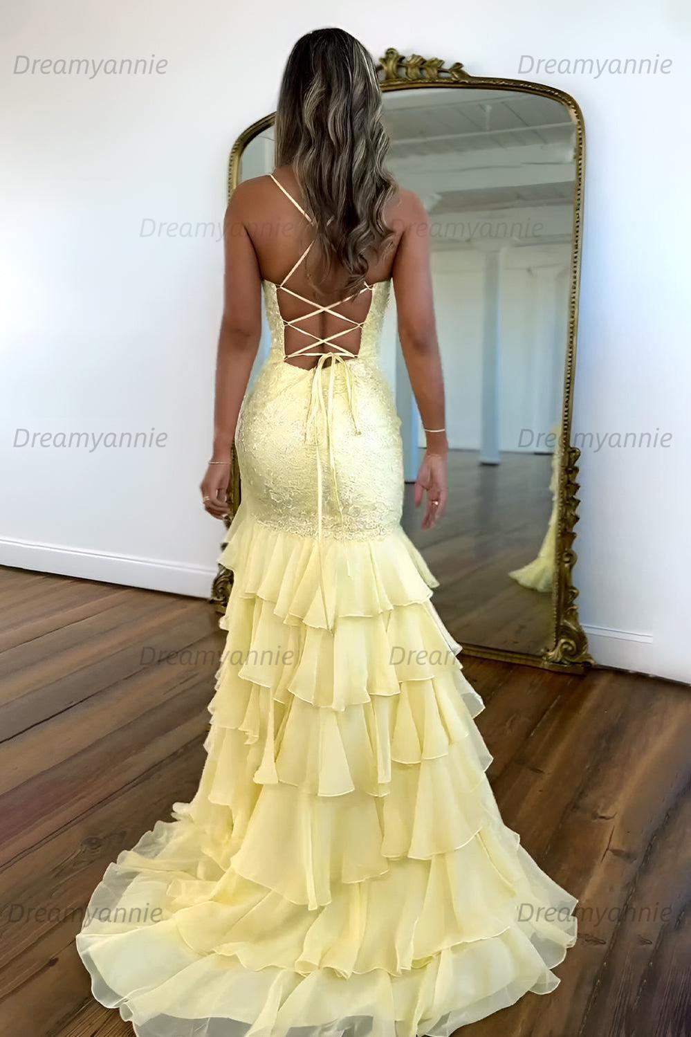 Charming Mermaid Spaghetti Straps Lace Up Long Prom Dress With Ruffle Skirt Formal Evening Gown
