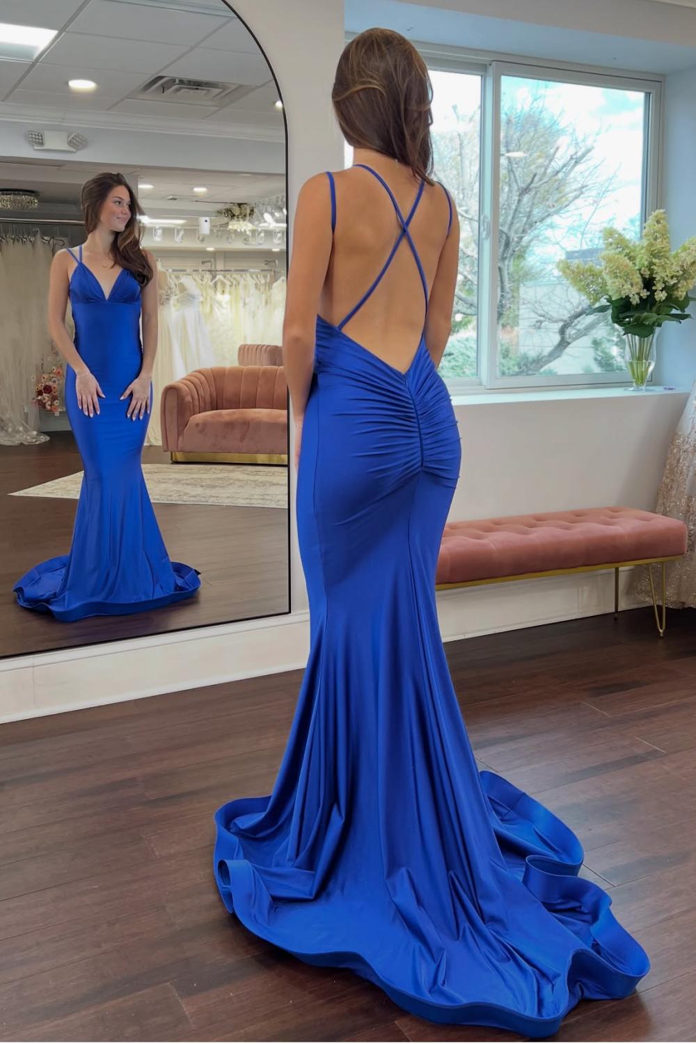 Mermaid Spaghetti Straps Royal Blue Long Prom Dress With Backless Formal Evening Gown