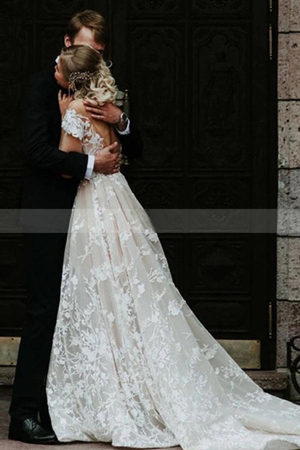 Charming Off The Shoulder Lace Bridal Gown White A Line Beach Wedding Dress