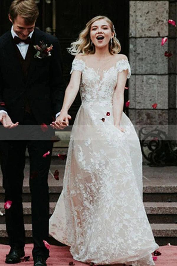 Charming Off The Shoulder Lace Bridal Gown White A Line Beach Wedding Dress